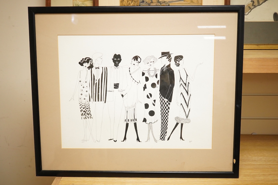 Art Deco style, fashion illustration and bar scene, one monogrammed and dated ‘81, two pen and inks, largest 34 x 45cm